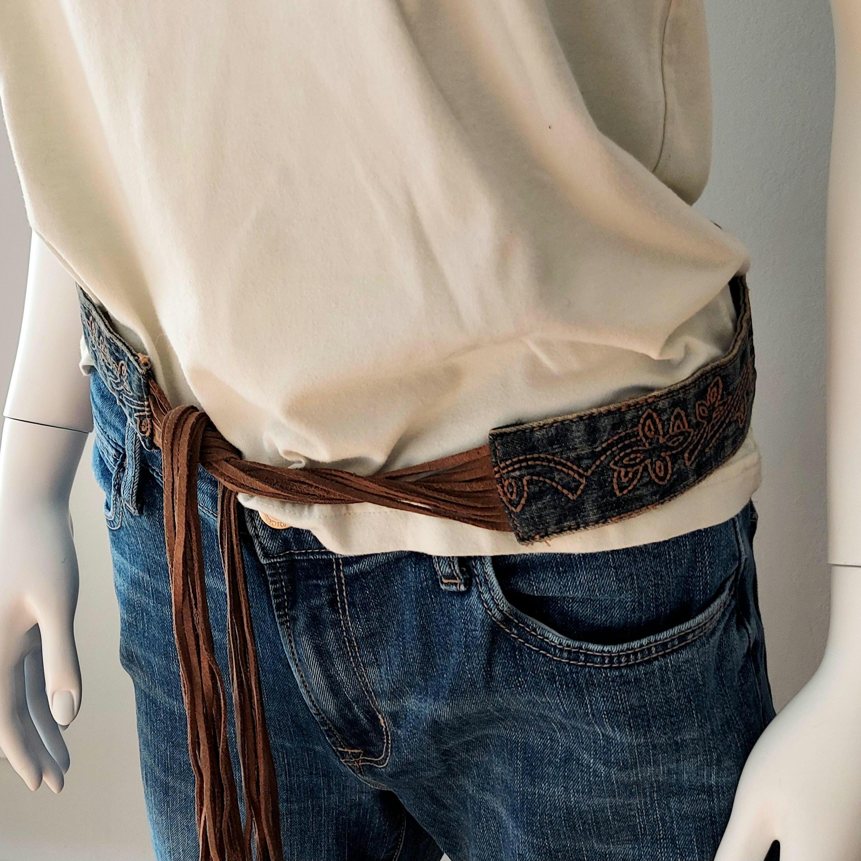 Blue Denim Belt, Long Suede Fringe 1970s | Trapunto Stitch