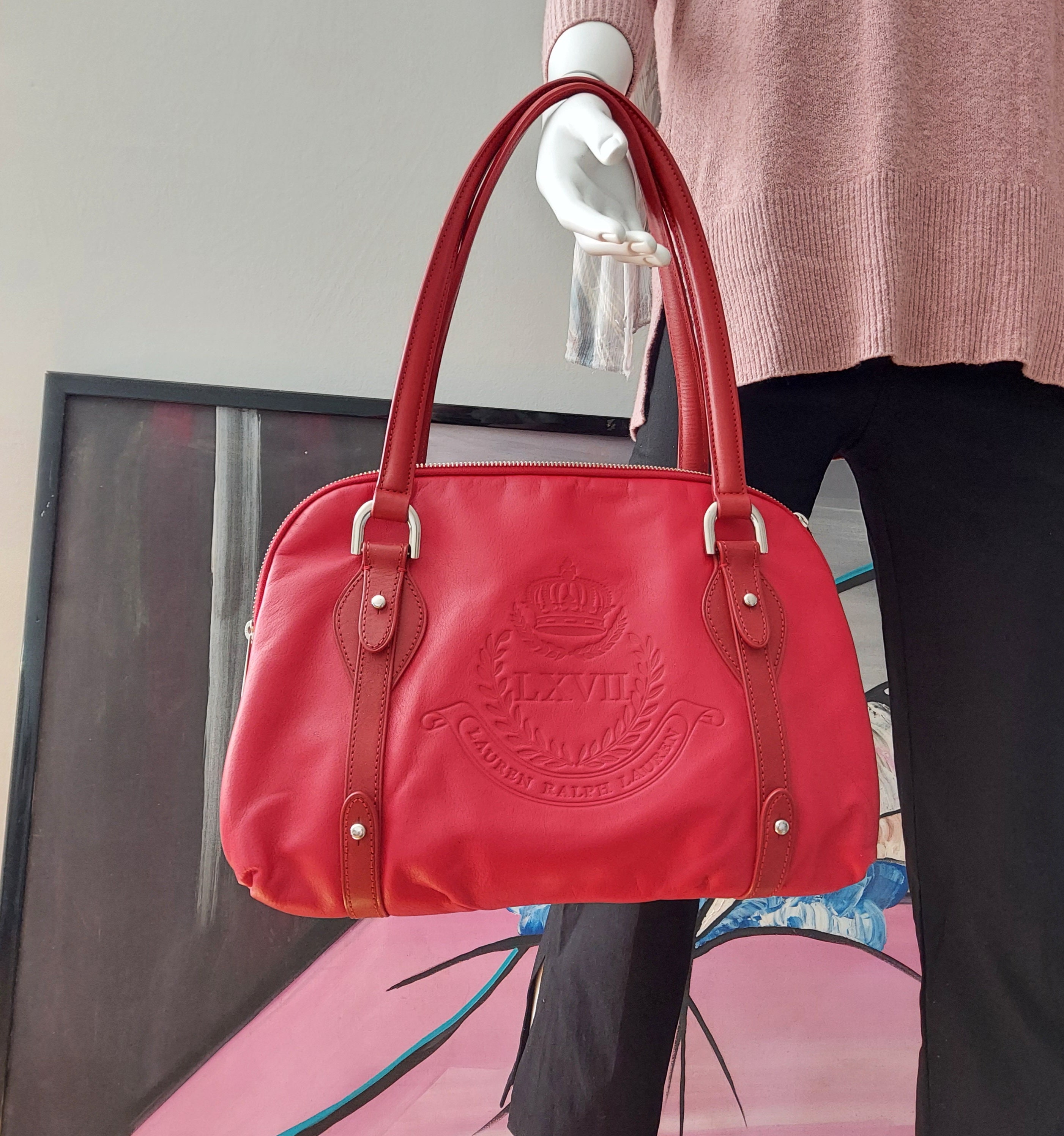Vintage Ralph Lauren Red Leather Satchel: Tribute Crest, 1990s