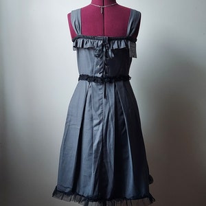 Op de afbeelding: Een grijze en zwarte jurk met een kantversiering en een corset-stijl lijfje. De jurk heeft een getailleerd lijfje en een volle rok.