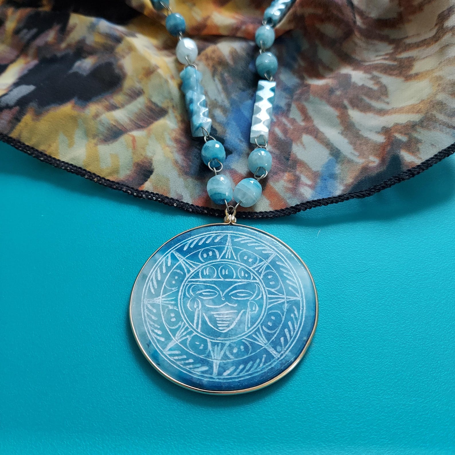 Vintage Aztec Medallion, Carved Onyx: 3 Color Choices - Lavender, Blue ...