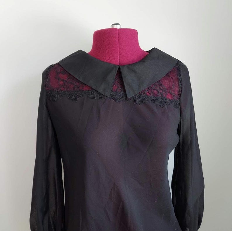 Decadent Black Blouse: Peter Pan Collar, Opaque Chiffon, Spidery Lace | Gothma Tunic image 2