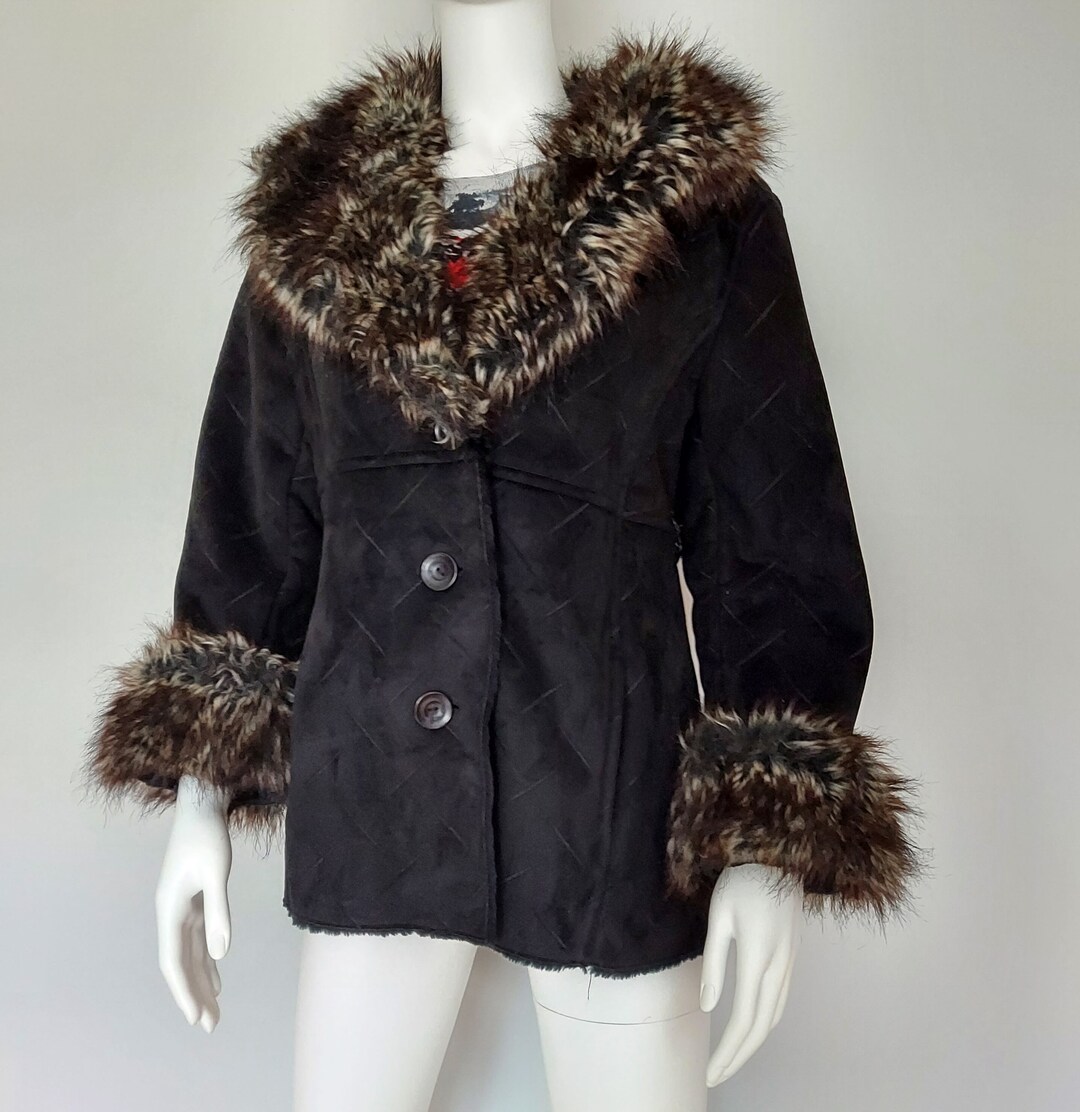 Penny Lane Coat, Black Faux Suede | Ultra Plush Collar, Cuffs | 90s ...