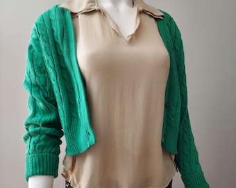 Vintage Cable Knit Cardigan: 1960s Cropped Cotton, Classic Prep Style