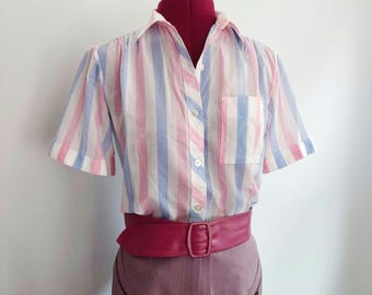 70s Striped Pastel Blouse: Vintage Short Sleeve Shirt, S/M