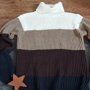 70s Rib-Knit Turtleneck Sweater: Monochrome Oatmeal Khaki Black, L/XL Unisex Vintage
