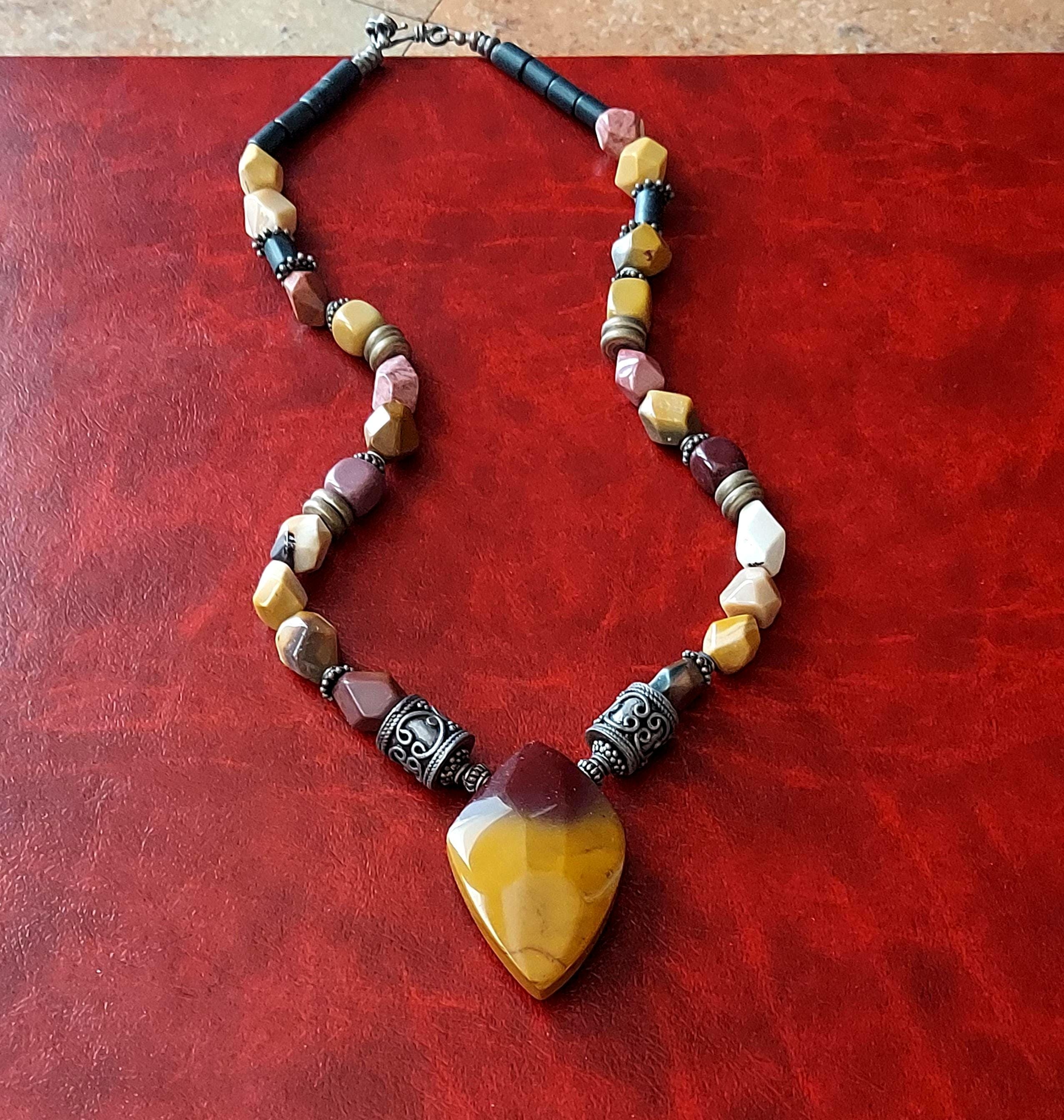 Mookaite Arrowhead Necklace: Brass Beads, Earth Tones, 19.75 Inch