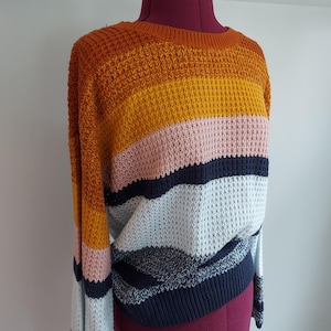 Seasonal Stripe Sweater - Waffle Weave Pullover - Burnt Orange Gold Navy Pink | Unisex Casual Knit M/L