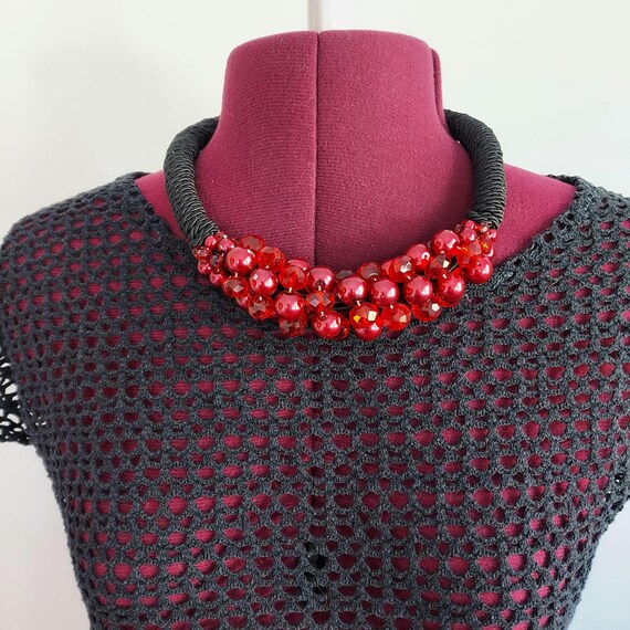 Cranberry Beaded Necklace: 80s Silken Black Rope, Adjustable | Gift Boxed