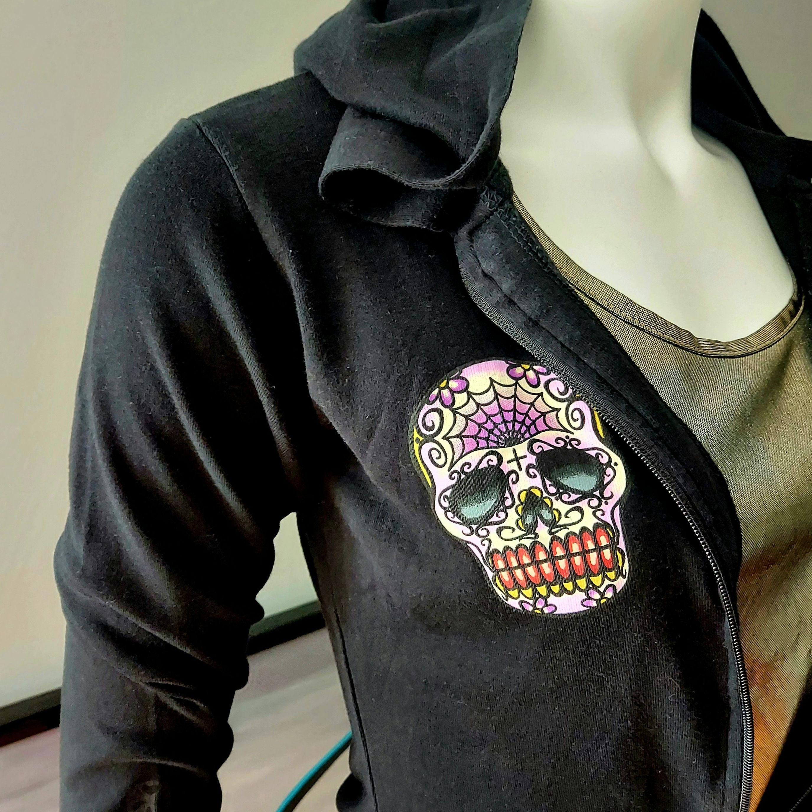 トップス Crooked Zipper Hooded Sweatshirt Lucky 13 Sugar Skull Hoodie: 90s Goth Ponte Knit Jacket - Etsy
