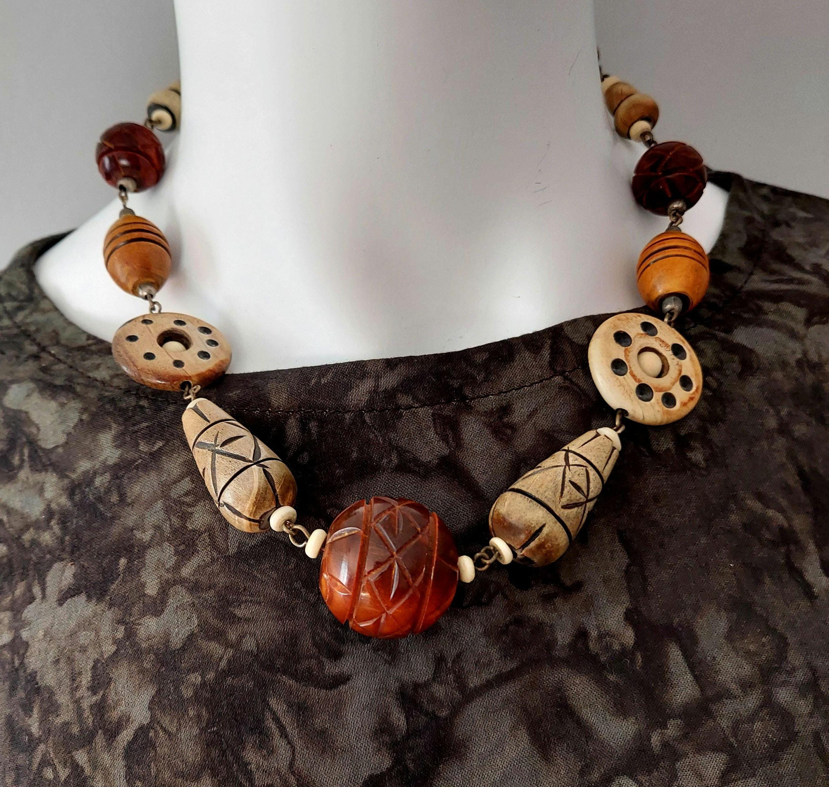 Vintage Carved Wood Bead Necklace: 90s Bohemian Statement Jewelry