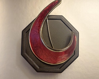 Large Enamel Brooch: Red/Gold Crescent, 1980s Art Deco Inspired, Oversized Pin