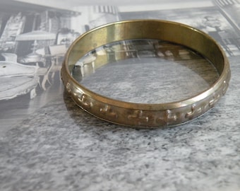 70s Brass Bangle, Indian Origin | Nice Cross Hieroglyph Pattern | The Ancient Symbol | Beveled Edge, Vintage Metal | I/2 Inch Width