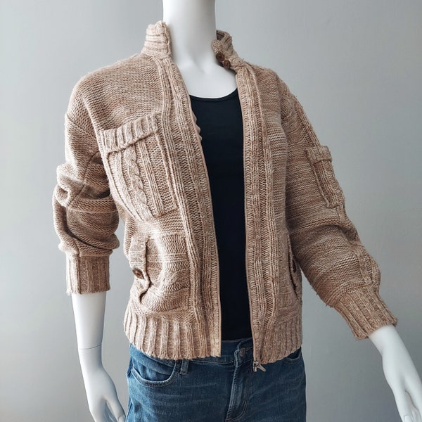 1970s Zip-Front Cardigan, Biscotti Space Dye | Size S/M, Chest 34 Inch | WOOLCO Vintage Acrylic Sweater | Handy Button Pockets