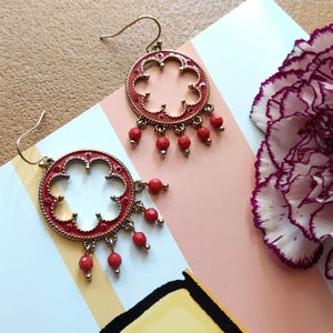 Ruby Red Chandelier Earrings: 90s Gilded Enamel Rhinestone Earrings
