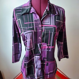 80s Geometric Knit Shirt: Vintage Fashion Bug, Purple Black Magenta, S/M