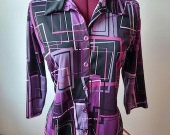 80s Geometric Knit Shirt: Vintage Fashion Bug, Purple Black Magenta, S/M