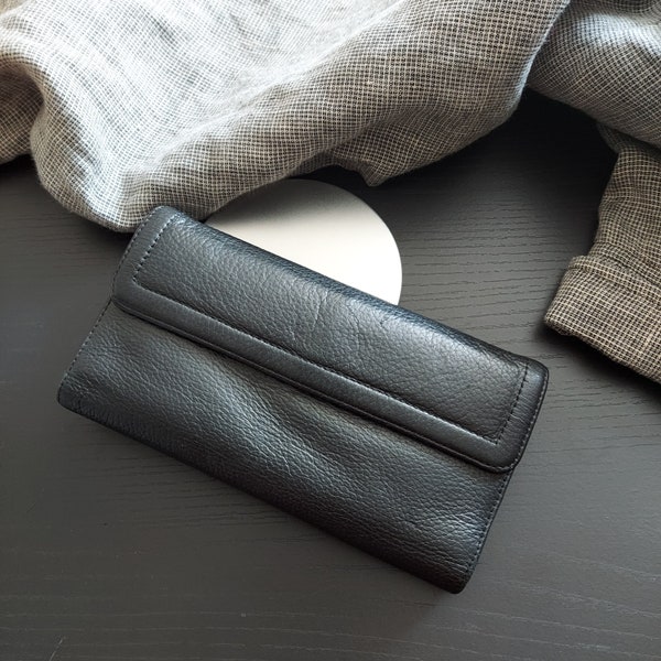 Black Organizer Wallet | HATO HASI Minimal Neutral | Chic Grained Leather | Simple Basic Roomy | Coin Purse, Pockets For Cards 4 x 7.25