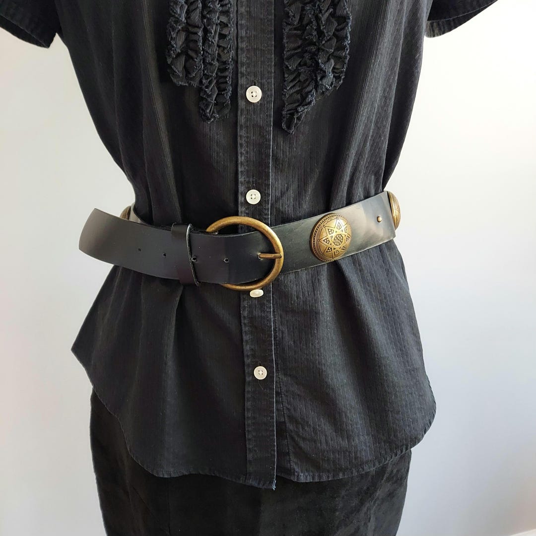 The Leather Shop Vintage Cactus Concho Belt Black Genuine Leather USA Size 30 Black Skinny Belts Concho Belt for Women for sale | eBay main image 3