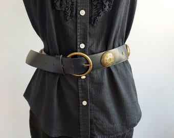 Vintage Concho Belt: Black Faux Leather, Tooled Brass Accents | Size 34