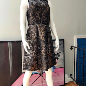 Bronze Black Scuba Dress, 90s Vintage: Lacy Floral Brocade, Designer Adrianna Papell | Size 8-10 image 1
