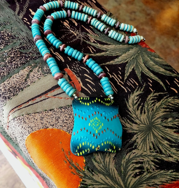 Exotic Coconut Bead Necklace: Tribal Designs, Painted Blue 