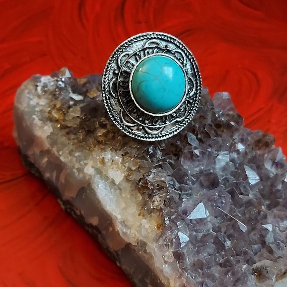 Vintage Faux Turquoise Ring: Adjustable Boho Sout… - image 1