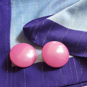 80s Plastic Button Earrings - Hot Magenta Pink - Dome Shape - Oversized, Light To Wear - Pierced