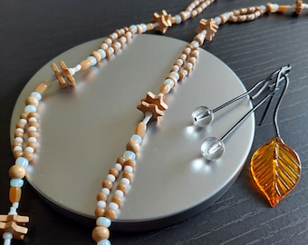 Angelite Stars Necklace, Satin Wood, Carved | VINTAGE 26 Inch Strand, Barrel Clasp | Opaque Angelite Beads | Gift Boxed