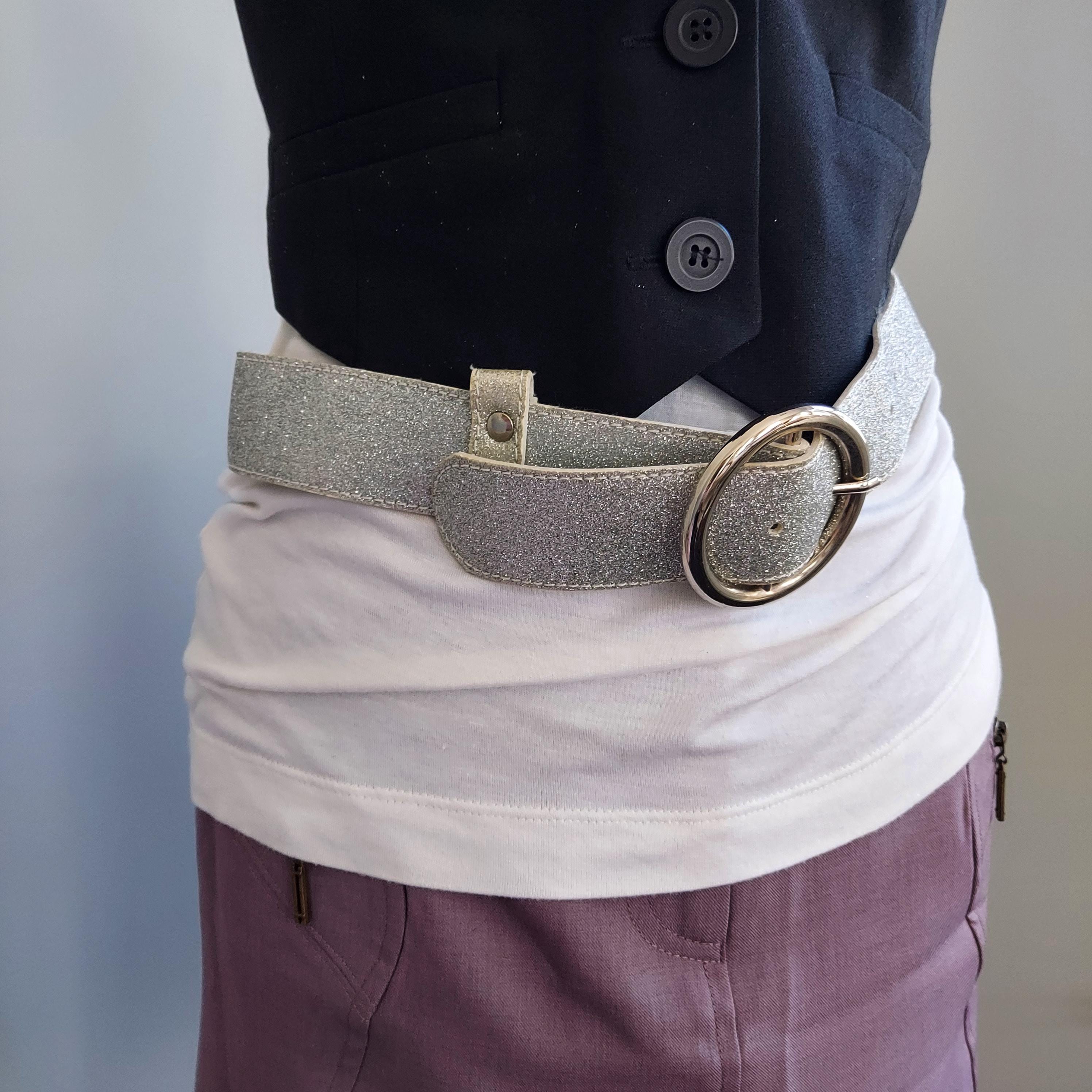 Vintage 70s Silver Glitter Belt: Disco Style, Large Buckle 