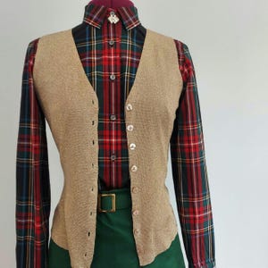 Gold Knit Vest, 1970s By Principles | Golden Gossamer, Metallic | 8 Pearl Disc Buttons |  Very Light Layer, Drapes Well | Hong Kong Size S/M