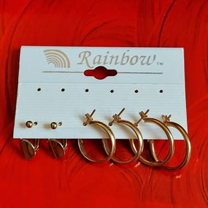 3 Pair Gold Tone Pierced Earrings - Huggie Hoops - Vintage Jewelry Set - Rainbow Brand 1980s