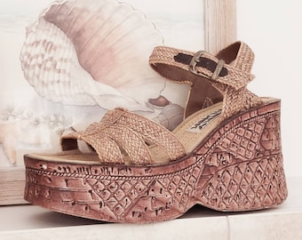 Y2K Platform Sandals, Funky Chunk 8: Strappy Tan Raffia, Faux Bamboo Wedge, 3.75" Heel