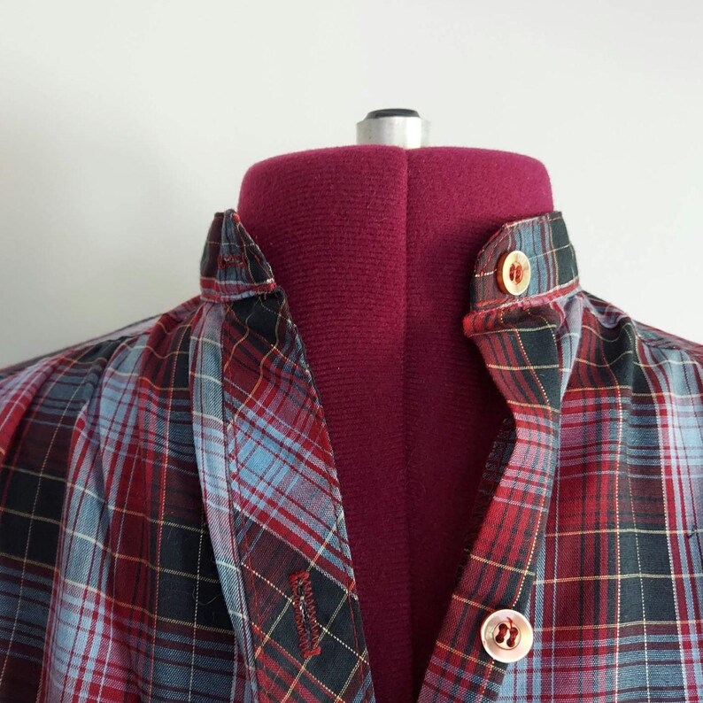70s Plaid Shirt: Ripe Plum Navy, Gold Glitter Threads, Band Collar | S/M 36 image 4