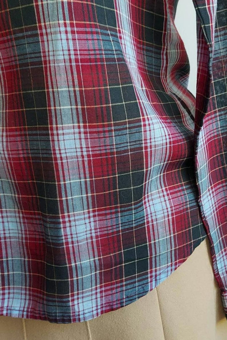70s Plaid Shirt: Ripe Plum Navy, Gold Glitter Threads, Band Collar | S/M 36 image 9