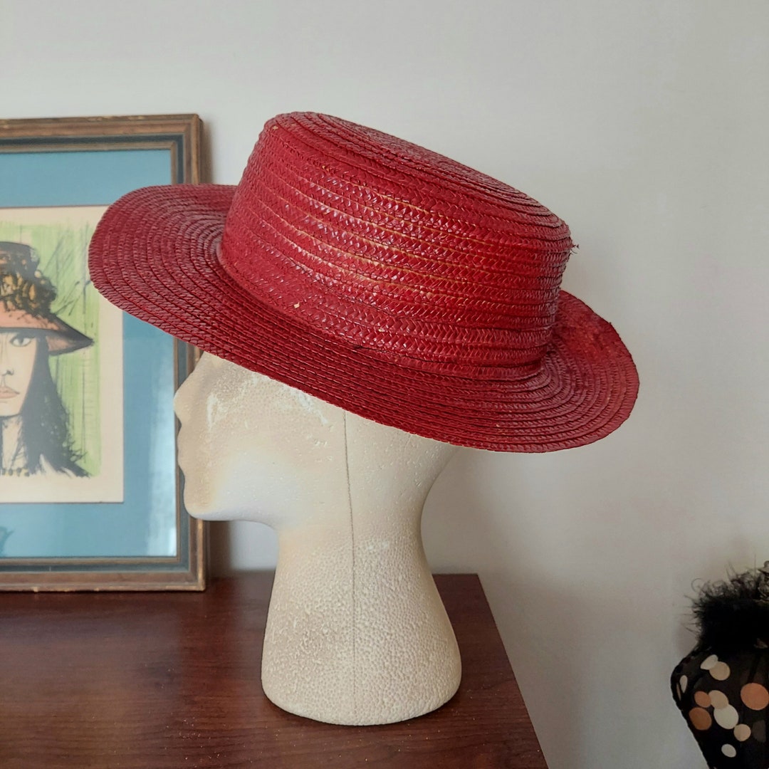 Red Straw Boater Hat W/ Narrow Brim Shabby Chic Sun Hat Etsy