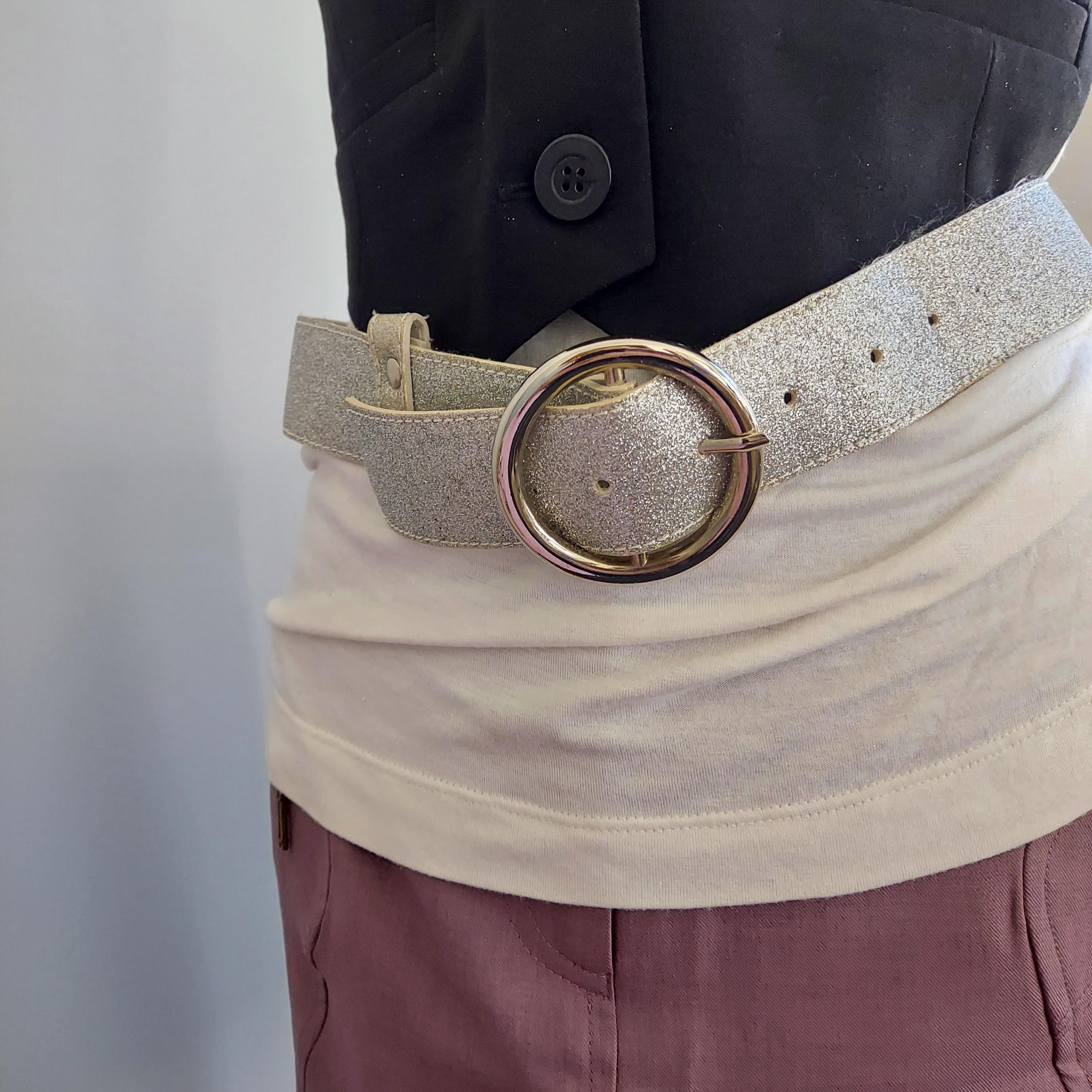 Vintage 70s Silver Glitter Belt: Disco Style, Large Buckle  display picture 1