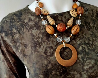 Vintage Carved Wood Bead Necklace: 90s Bohemian Statement Jewelry