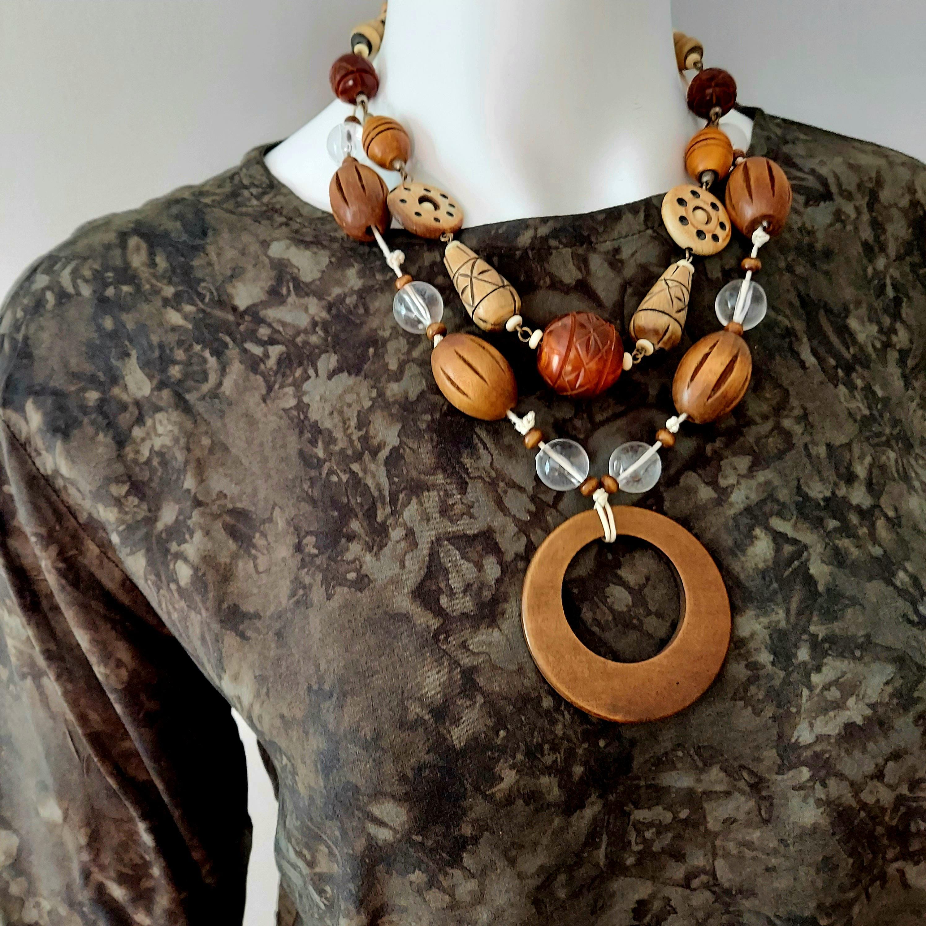 Vintage Carved Wood Bead Necklace: 90s Bohemian Statement Jewelry