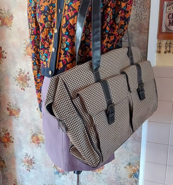 Vintage Houndstooth Carry-On Bag: Woven Tweed Travel Bag