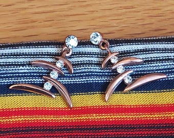 Art Deco Fishbone Drop Earrings: Copper Diamante, 1990s Chinoiserie