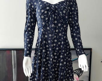 80s Nautical Sailor Dress: Vintage Ship Wheel Print, Rockabilly Style