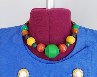 Vintage 1970s Chunky Wood Bead Necklace: Colorful Carved Fashion