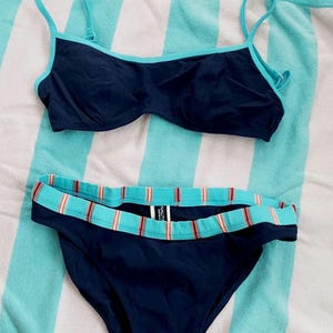 Nautica Swim 2 Piece (M) | Navy Blue, Turquoise Stripe | Modest High Cut, Soft Knit, Underwire | NAUTICA Preppy Athletic | Made In USA
