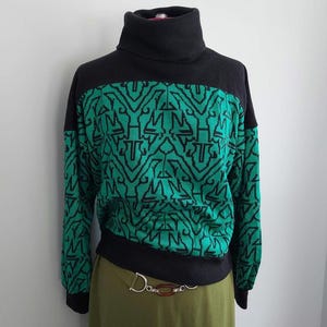 Jade Cowl Sweater, Black Intarsia Design | Size L 44 Inch Chest | Jade, Black, Soft Acrylic Knit | 1970s By Sheridan Unique, Taiwan