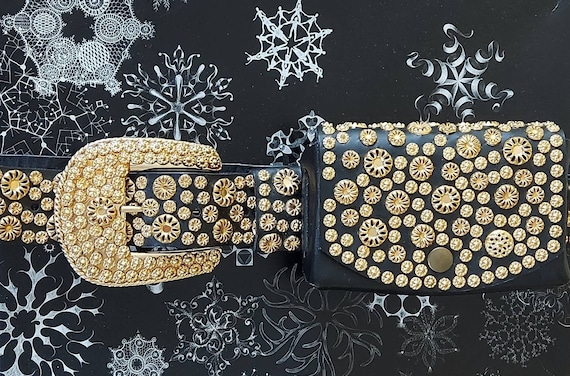 Michael Morrison Black Leather Studded Belt Gold Buckle sz 32-37 Vintage Michael Morrison MX Extra-Wide Leather Stud Belt  main image 2