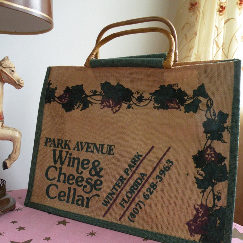 Eco-Market Bag Cheese Cellar Retro Florida Wine Connoisseur Gift WINE /& RATTAN Burlap Tote VINTAGE 1970/'s Park Avenue Wine 16
