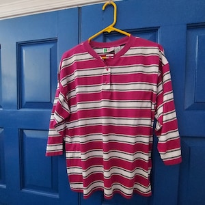 Vintage 70s Striped Henley Top: Plum, Black & White Knit