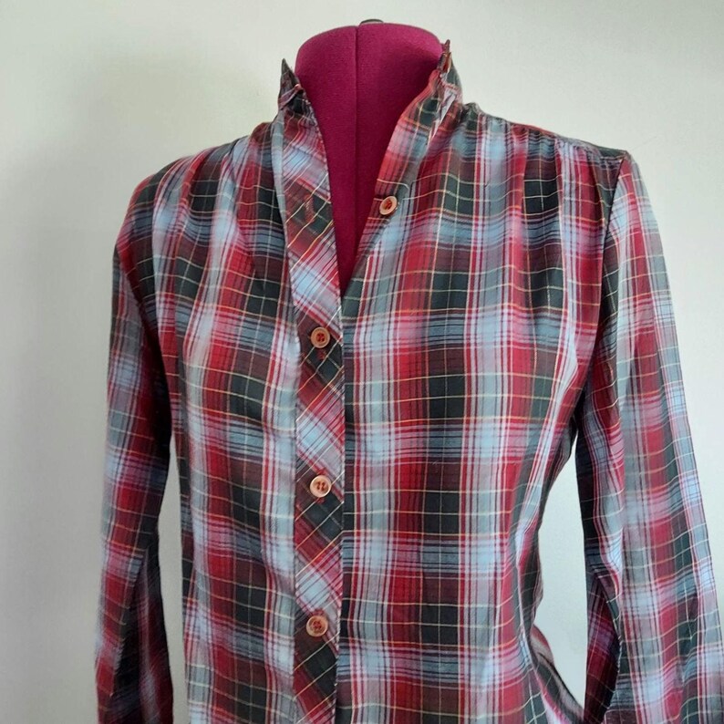70s Plaid Shirt: Ripe Plum Navy, Gold Glitter Threads, Band Collar | S/M 36 image 8