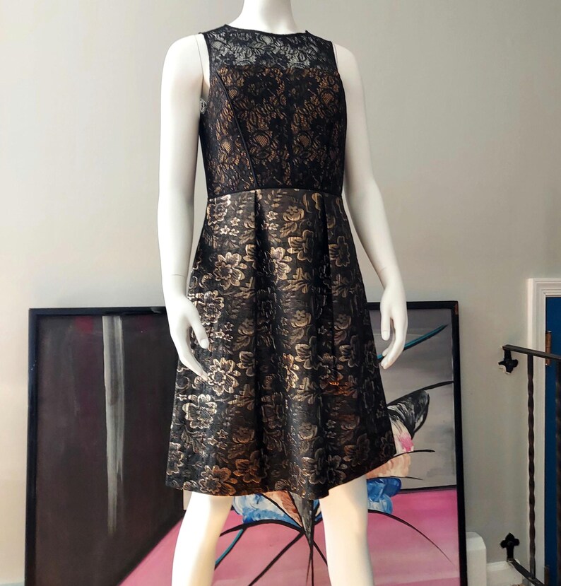 Bronze Black Scuba Dress, 90s Vintage: Lacy Floral Brocade, Designer Adrianna Papell | Size 8-10 image 5