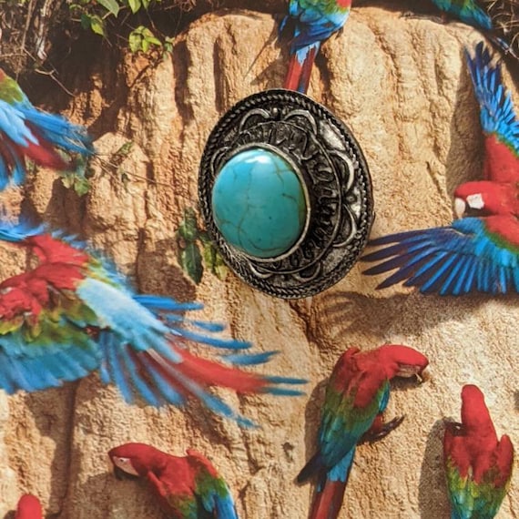 Vintage Faux Turquoise Ring: Adjustable Boho Sout… - image 2